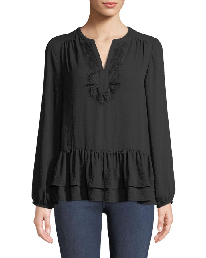 Long-sleeve Lace-trim Tiered Peasant Blouse