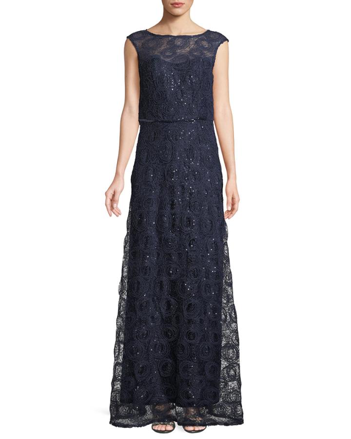 Embroidered-mesh Illusion Evening Gown