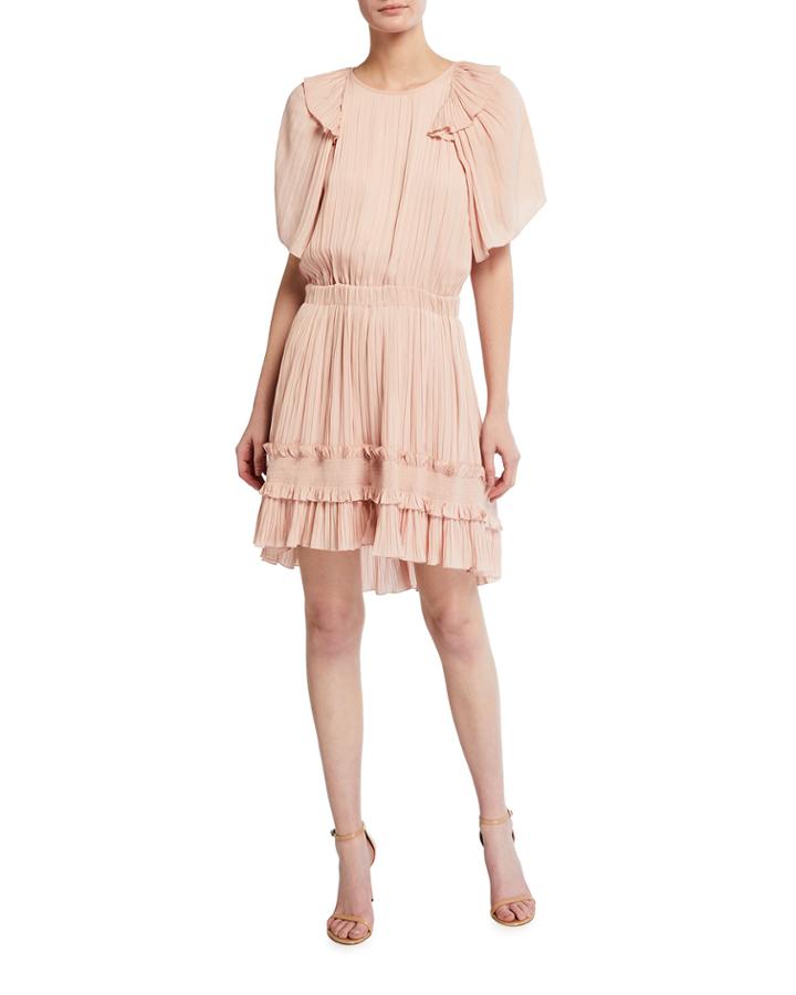 Pleated Ruffle Short-sleeve Dress