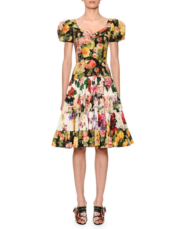 Puffed-sleeve Floral-patchwork Fit & Flare Dress