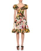 Puffed-sleeve Floral-patchwork Fit & Flare Dress