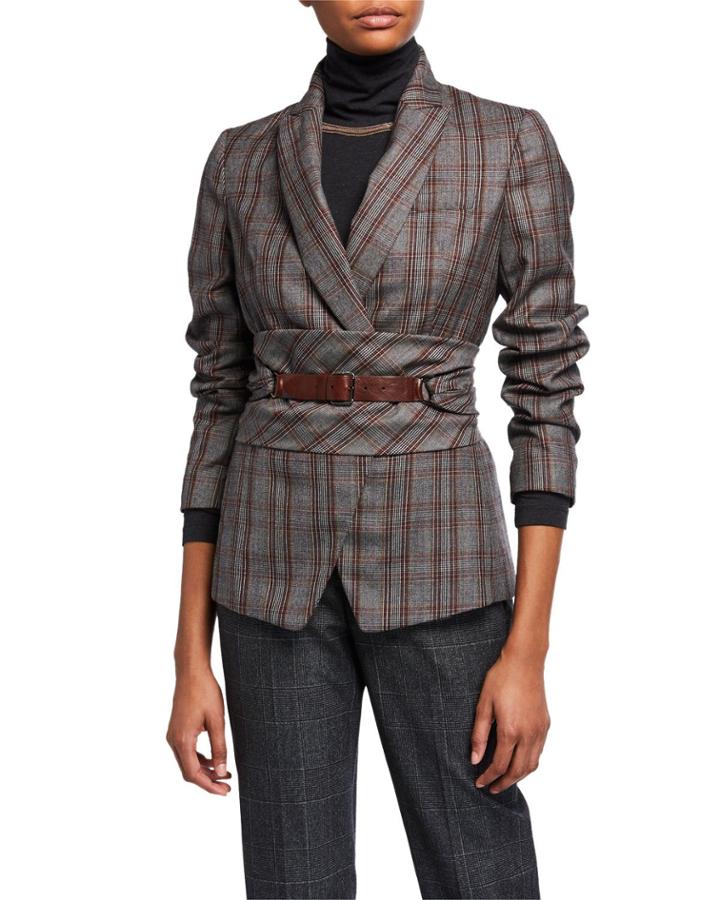 Peak-lapel Plaid Virgin Wool Blazer With Leather Wrap Belt