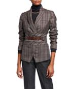 Peak-lapel Plaid Virgin Wool Blazer With Leather Wrap Belt