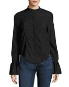 Fitted Long-sleeve Poplin Shirt Top, Black