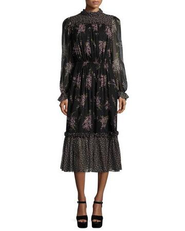 Long-sleeve Floral-print Midi Dress, Black/oleander