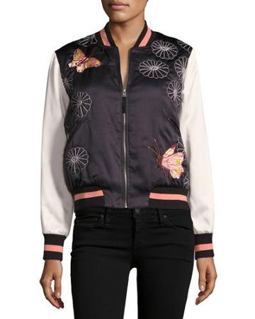 Embroidered Satin Butterfly Bomber Jacket