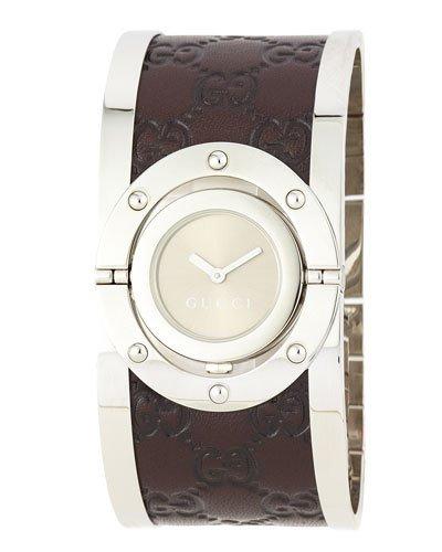 Stainless Steel & Leather Twirl Flip Bangle Watch