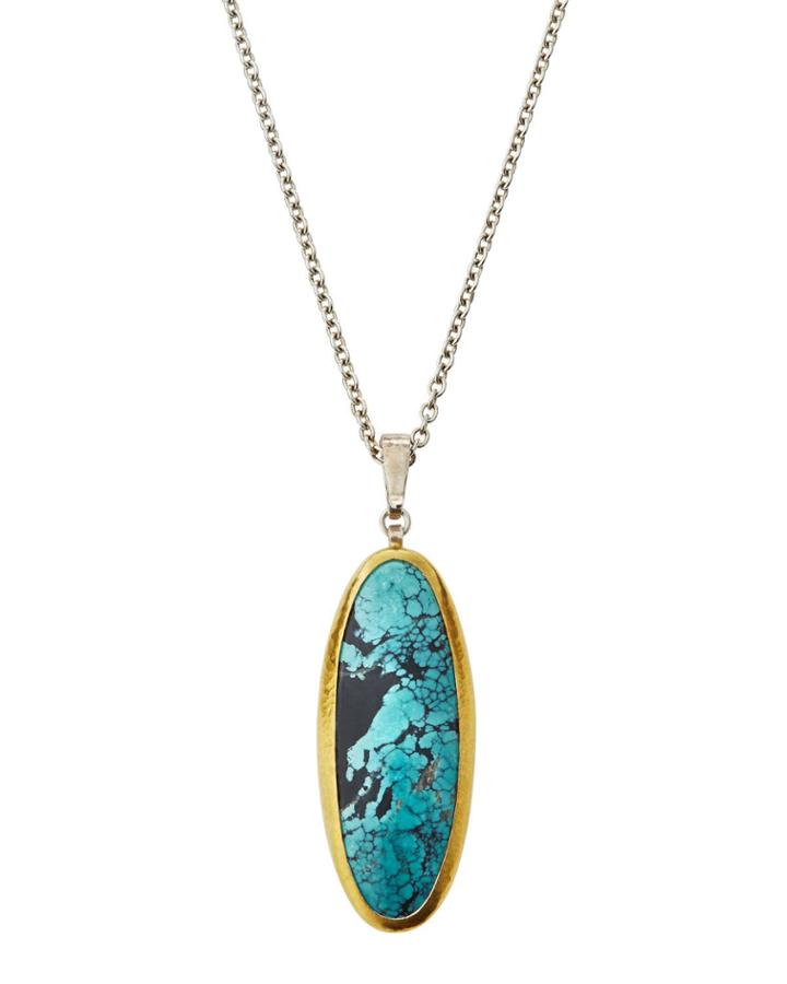 Galapagos Narrow Oval Pendant Necklace, Turquoise