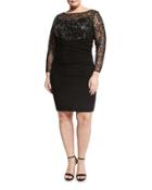 Sequined Long-sleeve Ruched Dress, Black,