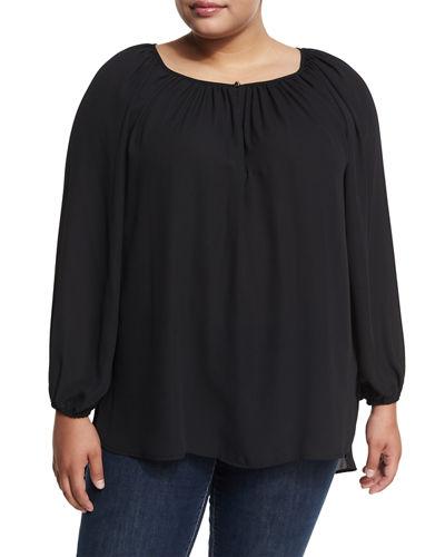 Shirred-neck Long-sleeve Peasant Top,