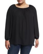 Shirred-neck Long-sleeve Peasant Top,