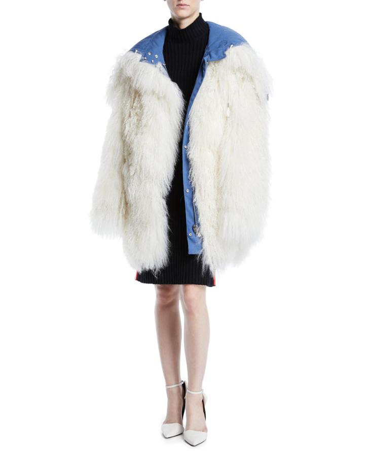 Drawstring-waist Cape-hood Canvas Shearling Reversible Coat