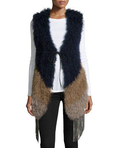Fringe Chevron Fur Vest, Camel