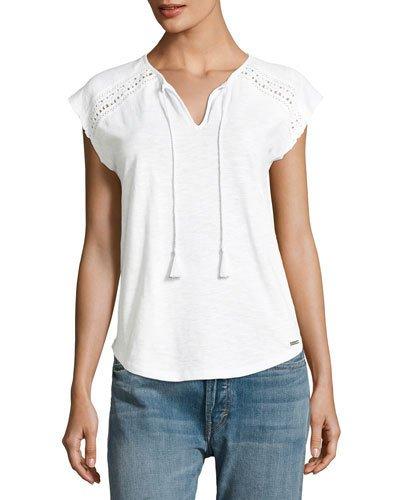 Sleeveless Crochet Tassel Top, White