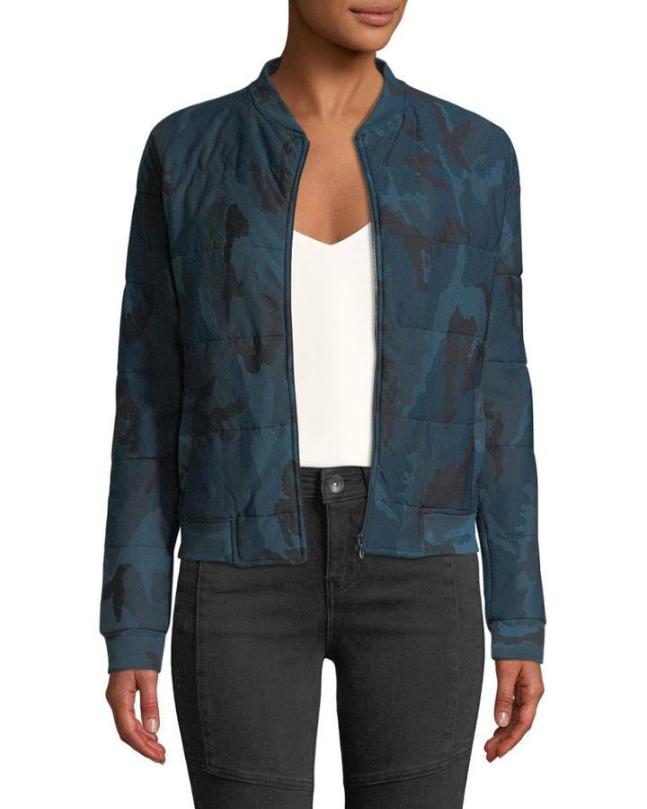 Quilted Camo-print Zip-front Bomber Jacket