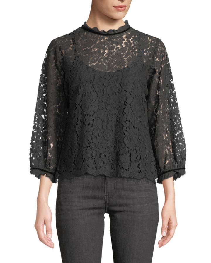 High-neck Lace 3/4-sleeve Blouse