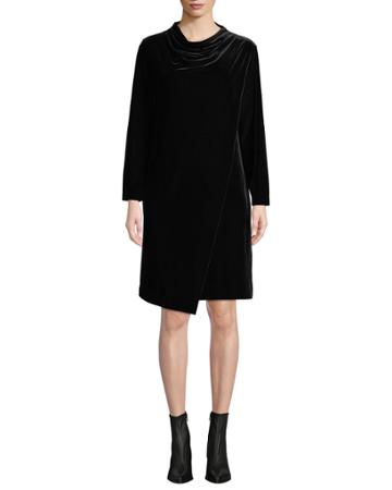 Plus Size Long-sleeve Draped-front Velvet Dress W/