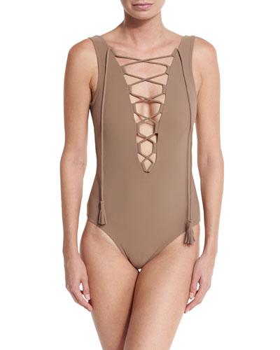 Entwined Plunge Lace-up One-piece Swimsuit,