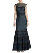 Sleeveless Lace-trim Tiered Taffeta Gown, Navy/black