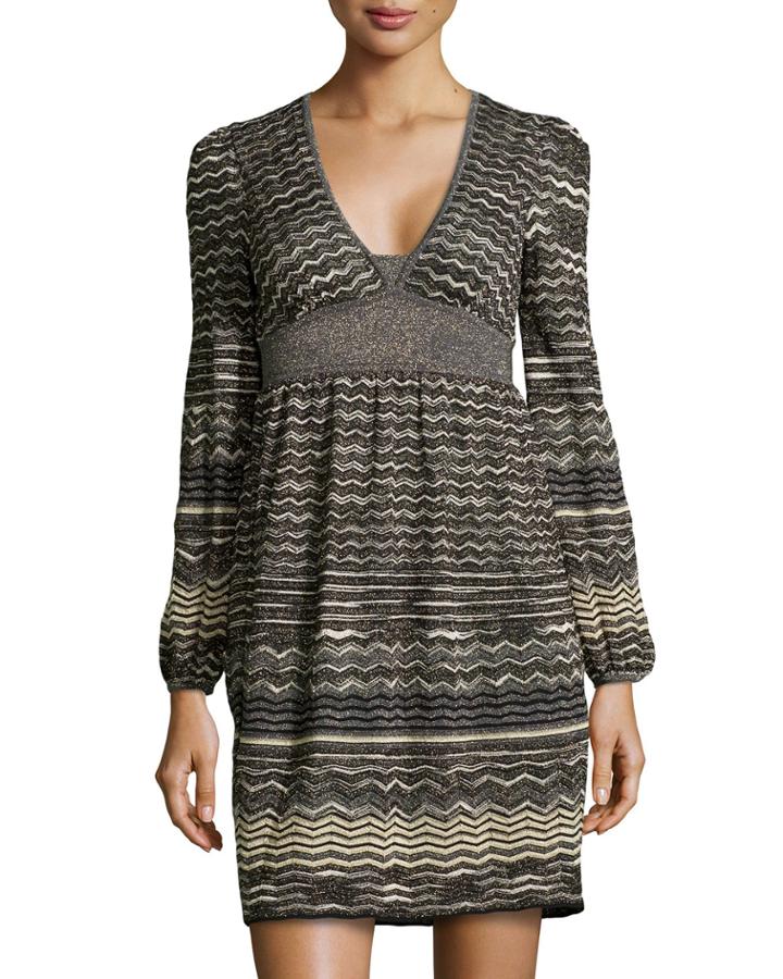M Missoni V-neck Long-sleeve Dress, Black Multi, Women's,