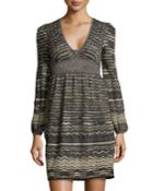 M Missoni V-neck Long-sleeve Dress, Black Multi, Women's,