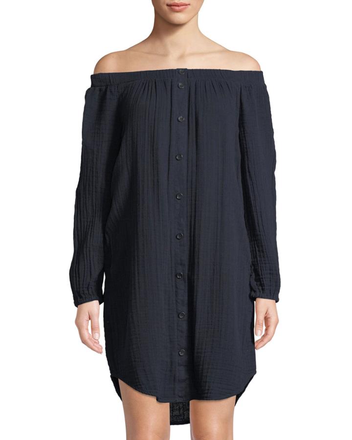 Off-the-shoulder Long-sleeve Tunic, Navy
