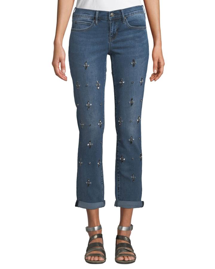 Tribeca Mid-rise Rhinestoned Straight-leg Jeans