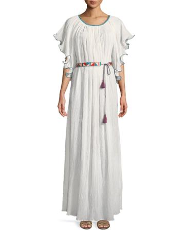 Zuri Kimono-sleeve Belted Cotton Long Dress W/ Embroidery
