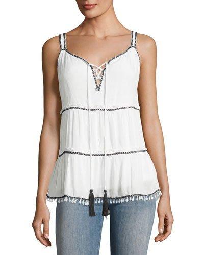 Contrast-trim Embroidered Tank, White/black