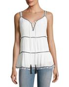 Contrast-trim Embroidered Tank, White/black