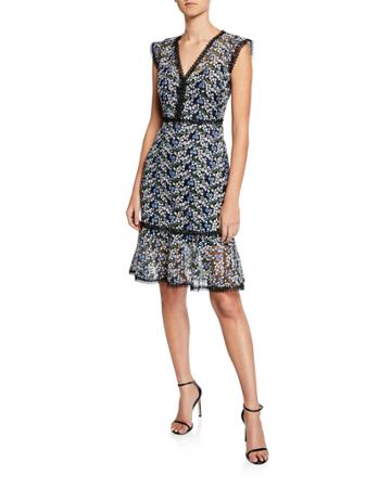 Florance Floral Mesh V-neck Sleeveless Flounce Dress