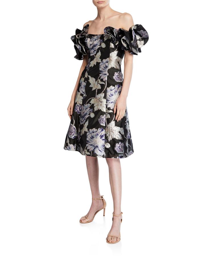 Off-the-shoulder Floral Jacquard Ruffle-sleeve Cocktail Dress