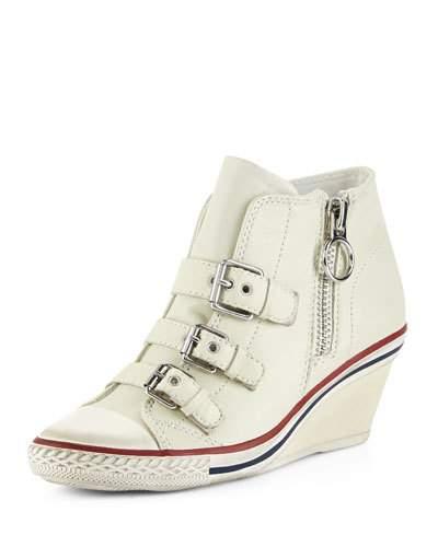 Gin Bis Buckled Leather Wedge Sneaker, Off White