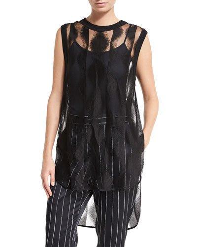 Sleeveless Sheer Patterned Tunic, Black