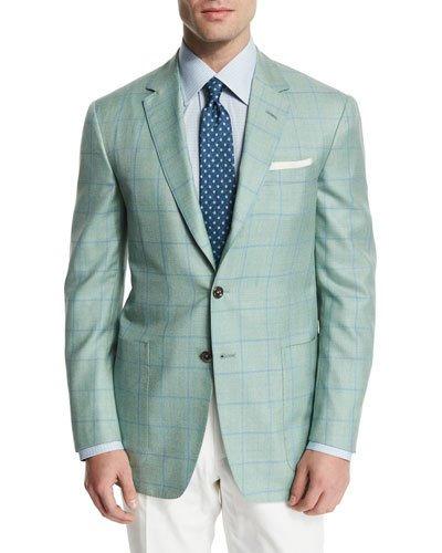 Windowpane Wool-blend Sport Coat, Light Green/blue