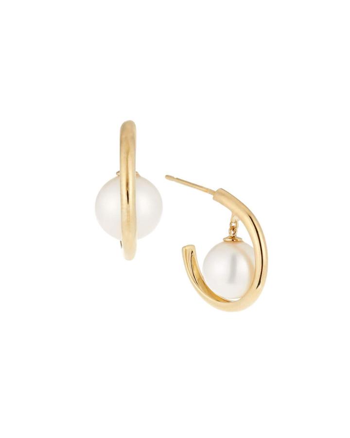 14k Gold Pearl Hoop Dangle Earrings