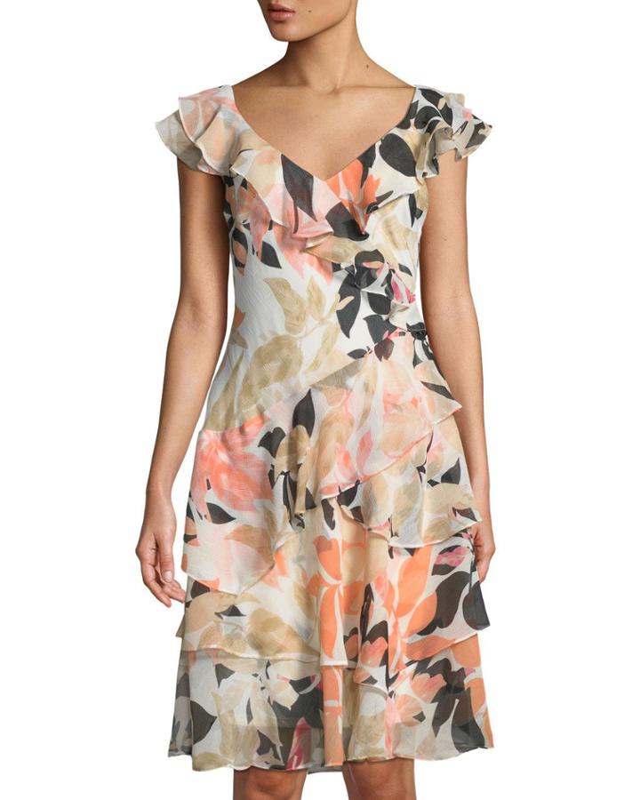Stamped Leaves Sunset V-neck Ruffle-trimmed