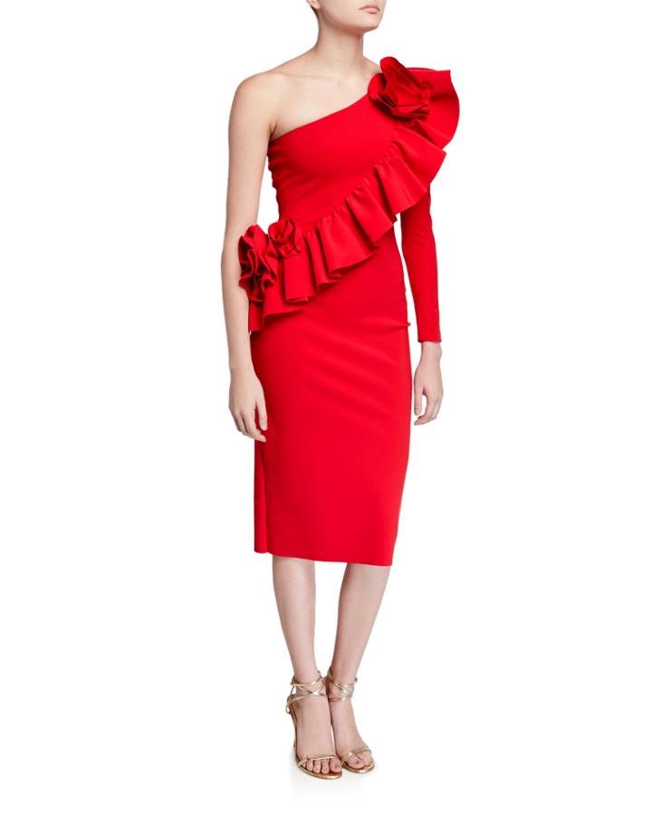 Asymmetric One-shoulder Knee-length Ruffle Cocktail Dress