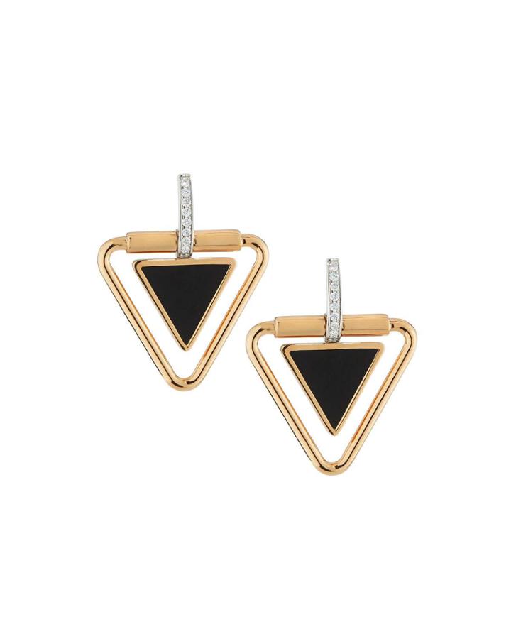 18k Triangular Black Jade Earrings, Rose/white