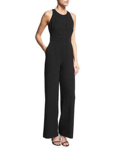 Sleeveless Full-leg Crepe Jumpsuit, Black