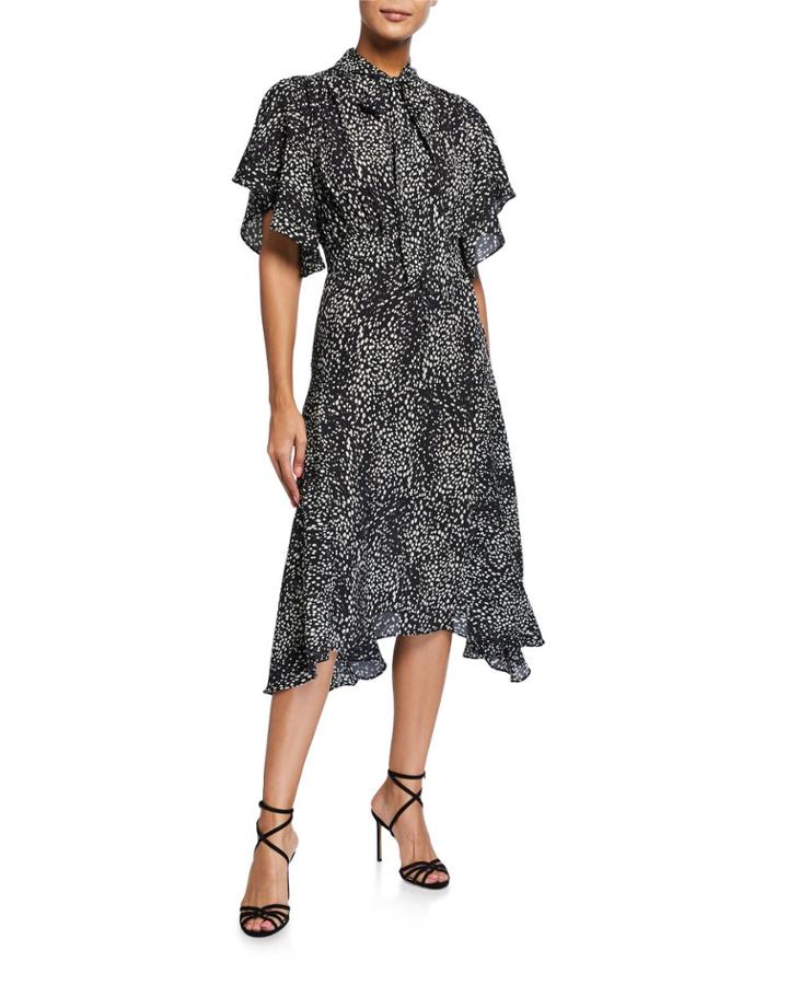 Tie-neck Flutter-sleeve Dress