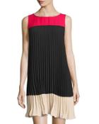 Pleated Colorblock Shift Dress, Black/flare