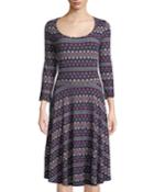 3/4-sleeve Printed Fit & Flare Dress