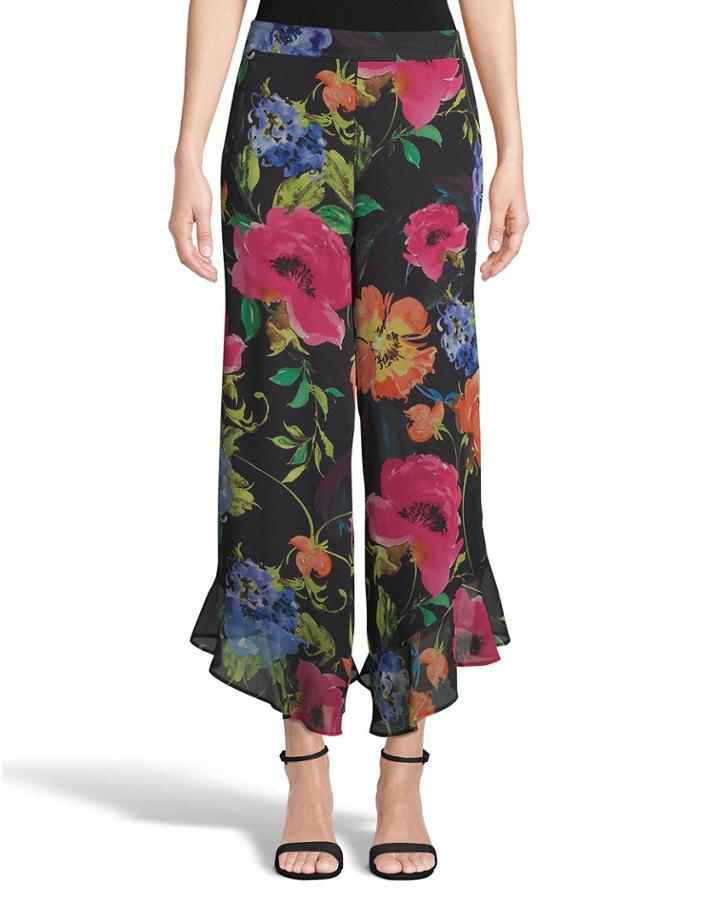 Floral Ruffle Flare-leg Chiffon Pants