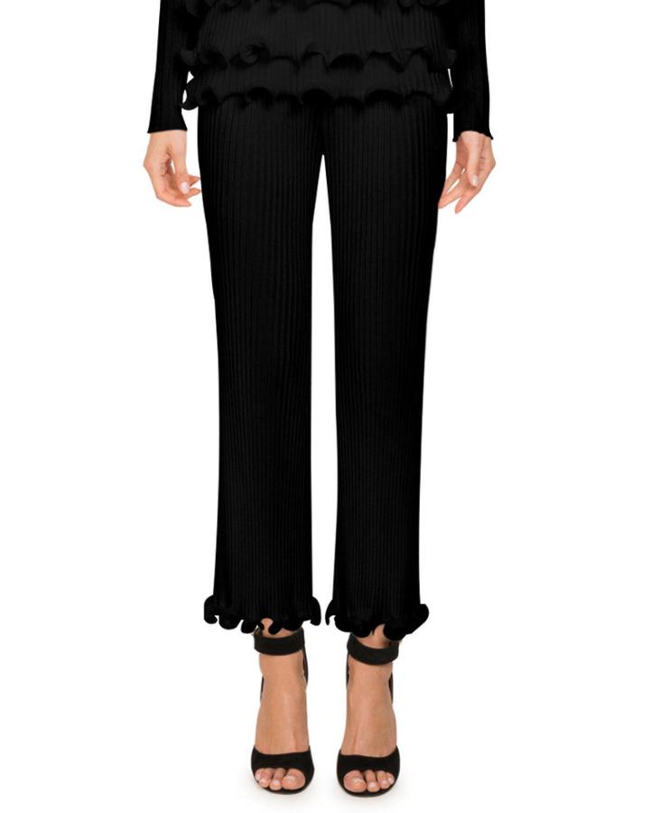 High-waist Ribbed Knit Straight-leg Pants W/ Ruffled Hem