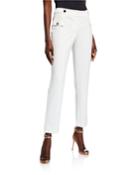Button-trim Crepe Straight-leg Pants