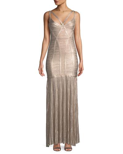 Sleeveless Metallic Pliss&eacute; Bandage Gown, Pink