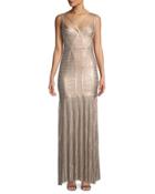 Sleeveless Metallic Pliss&eacute; Bandage Gown, Pink