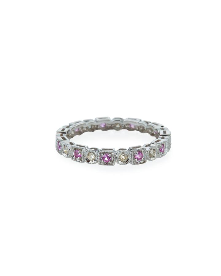 14k White Gold Square Pink Sapphires & Circle Diamonds Band Ring,