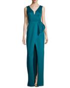 Sleeveless Draped Satin Column Gown, Jade